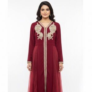 Medium Burgundy Indian Pakistani Moroccan Red Cream Embroidered Long India Dress
